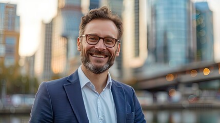 Obraz premium Successful entrepreneur smiling confidently, city skyline in the background.