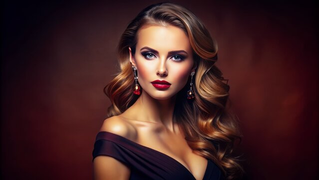 Flawless, ravishing female model posing elegantly against a rich, solid-colored studio backdrop, exuding confidence and sophistication in a stunning portrait.