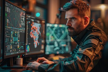 Fototapeta premium Military officer managing security communications.