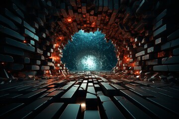 Futuristic data wave breaking through keyhole in real life setting on angled barrier wall