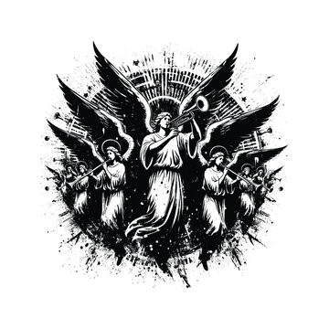 black and white angels playing trumpets clip art preview