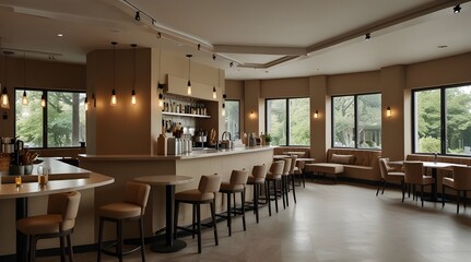 Fototapeta premium Beige cafe interior with bar island and dining space, panoramic window.generative.ai
