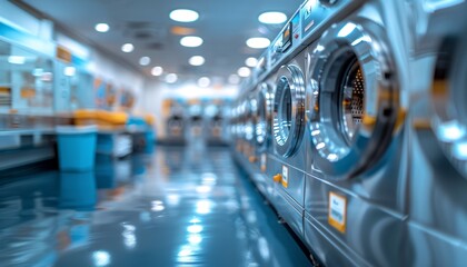 Industrial laundry machines in laundromat.