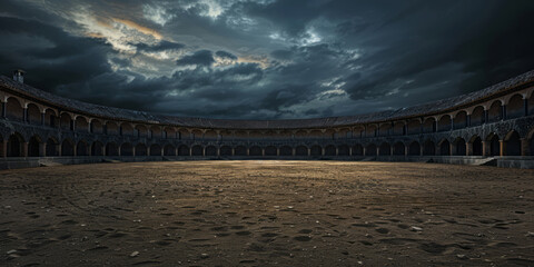 A photo shows an empty bullfighting arena with a dirt floor and dark sky.