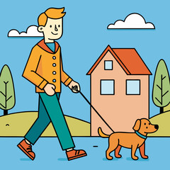 Pet Walking - A person walking a neighbor's dog vector art illustration