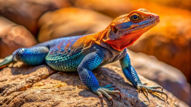 Vibrant Numibian rock agama lizard with spiky scales and bright orange throat pouch basks on sun-kissed granite rock in wild nature.