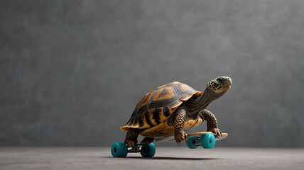 A tortoise riding on a skateboard with copy space and plain background. Slow work planning Strategy and performance concept