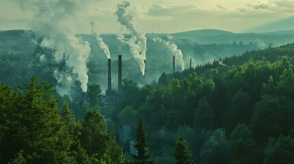 Fototapeta premium Ecological Duality Industrial Chimneys Amidst Lush Forestscape