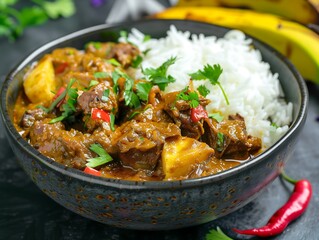 Hearty Bowl of Jamaican Curry Goat Served with White Rice and Fresh Herbs