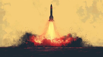 A missile is launched from a platform. It ascends into a clear sky, with a trail of smoke and fire behind it.