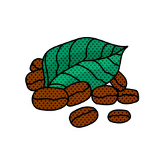 coffee bean and leaves halftone hand drawn  color vector illustration