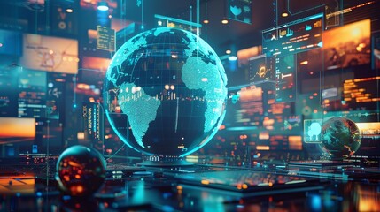 Global connectivity concept with digital devices and landmarks on solid backdrop.