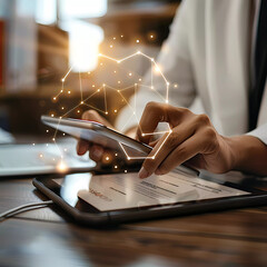 Obraz premium Generative AI A lawyer reviewing a digital smart contract on a tablet in a modern office, symbolizing the transformation of legal processes through blockchain technology, natural light