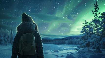 Fototapeta premium Winter Wanderlust Enchanting Aurora Borealis View in Snowy Landscape