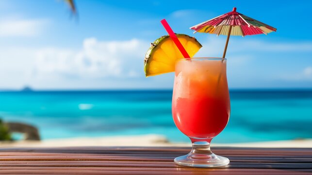 Tropical Jamaican Rum Punch with Pineapple Garnish by the Ocean