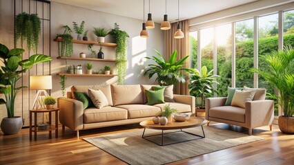 Vibrant, elegant, modern interior with plenty of natural light, soft beige tones, and lush greenery, conveying warmth and serenity.