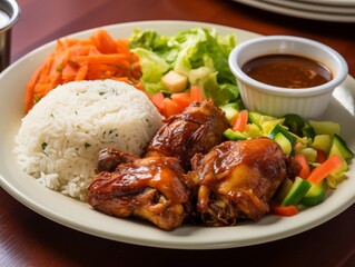 Delicious Jamaican Barbecue Chicken with White Rice carrots, lettuce, and cucumbers with a small bowl of sauce.