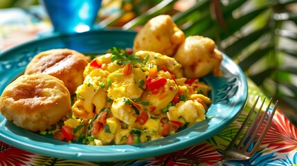 Traditional Jamaican Ackee and Saltfish with Fried Dumplings and Fresh Vegetables