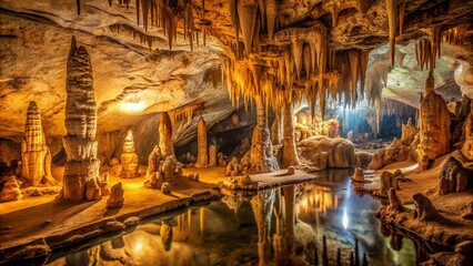 Dimly lit limestone caverns with ancient stalactites and stalagmites surrounded by eerie silence within Borgo Verizzi's mystical underground world.