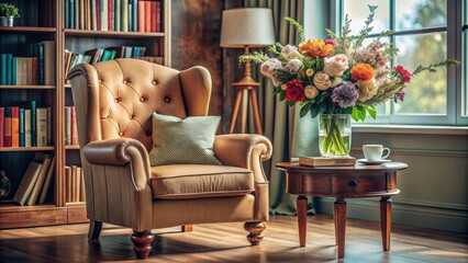 Cozy afternoon scene with warm lighting, soft flowers, and delicate tea set on a rustic wooden table.