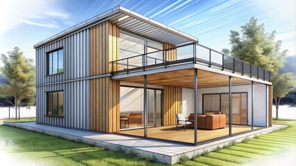 Innovative steel container house 3D illustration in hand sketch style, showcasing interior layout from left corner perspective, modern construction trend.