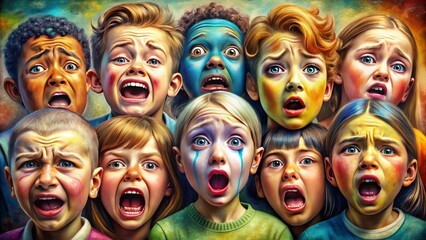 Colorful, distressed cartoon faces of crying children with varied emotional states, conveying sadness, fear, and disappointment in a whimsical setting.