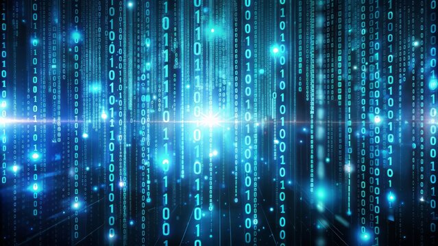 Abstract futuristic digital background with binary code and matrix pattern on computer screen, representing big data and cyberspace technology.