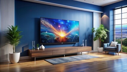 Modern sleek television mounted on dark blue wall in minimalist living room with 3D graphics rendering on screen display.