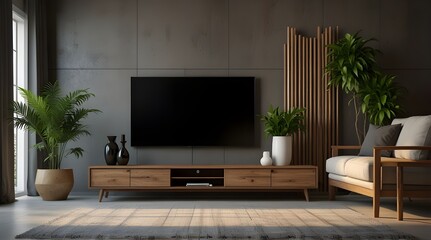 Modern living room with a TV on a white concrete wall, books on a wooden cabinet, and a planter for decoration on the wooden floor.generative.ai