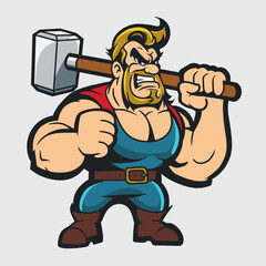 Cartoon Mascot Demolition Worker with Sledgehammer Vector Illustration