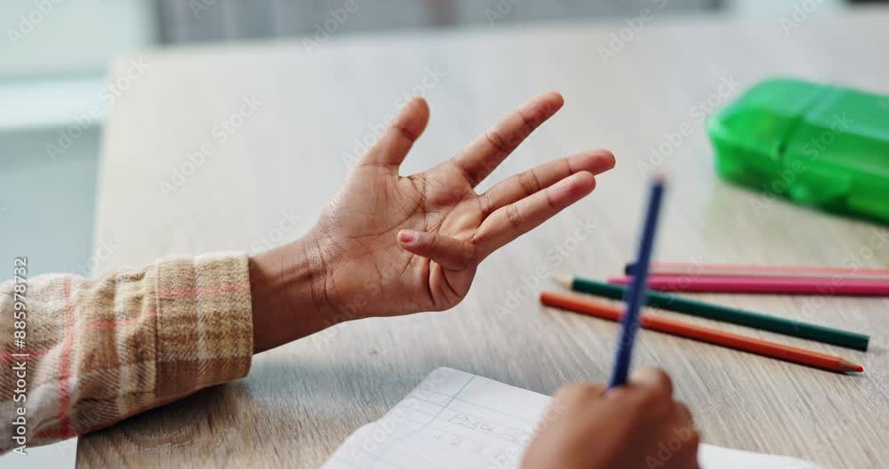 Poster counting, child and hand on desk, writing and closeup of education, notebook and student in middle s