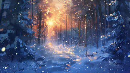 Anime style winter forest background, wallpaper, art Stock Illustration