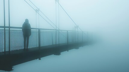 Obraz premium Misty Horizon A Solitary Figure Embracing the Unknown on a Bridge in the Fog