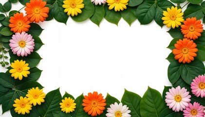 Obraz premium Photo frame with colorful flowers and green leaves with white copy space