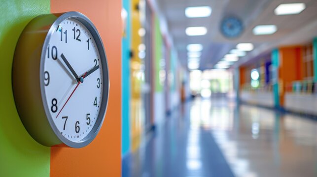 A colorful school hallway with a clock on the wall, signifying the passage of time in an educational setting.
