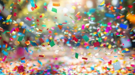 Multicolored confetti pieces floating and glimmering in the sunlight, creating a festive and joyful celebration scene.