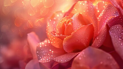 Macro shot of pink rose petals covered in dew drops, creating a fresh and delicate floral image with a soft bokeh background. - Powered by Adobe
