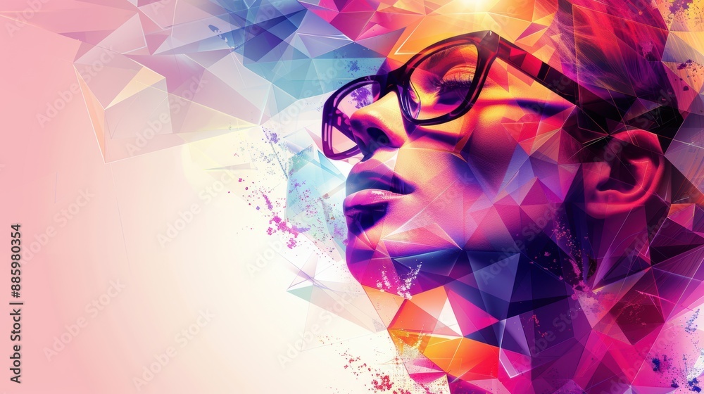 Wall mural Colorful and geometric abstract portrait of a woman wearing glasses, blending modern art and vibrant design elements.