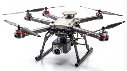 High-tech miniature aerial device with rotating blades and sleek design, showcasing advanced video capturing capabilities on pure white background.