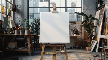 A well-lit artist's studio featuring a blank canvas on an easel, surrounded by painting supplies and plants.