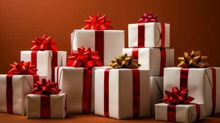 Obraz premium Stack of Gift Boxes with Red and Gold Ribbons