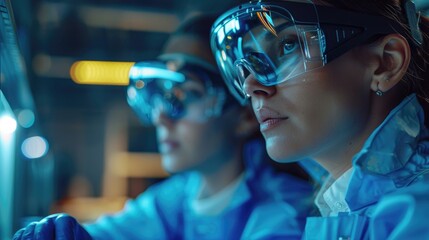 Two scientists in safety glasses and lab coats working in a laboratory, conducting experiments with advanced technology.