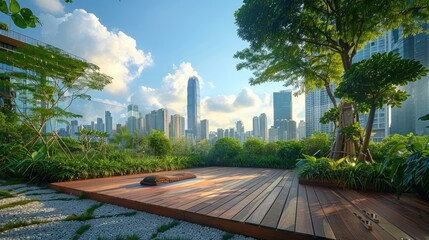 Fototapeta premium Urban rooftop garden with lush greenery and a distant skyline view, creating a tranquil escape in the heart of the city.