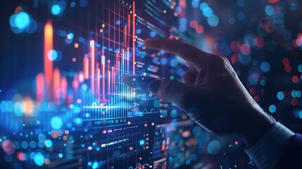 Businessman's finger analyzes financial digital data on a visual screen dashboard for financial planning technology concepts of market research and stock market. AI generated