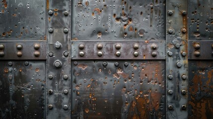 Fototapeta premium Close-up of a rusty, weathered metal surface with rivets and bolts, showcasing industrial texture and aging.