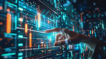 Businessman's finger analyzes financial digital data on a visual screen dashboard for financial planning technology concepts of market research and stock market. AI generated