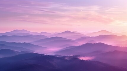 Obraz premium An ethereal purple mountain range under a pastel-colored sky at dawn, showcasing layers of mist and soft light.