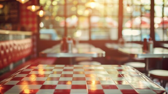 Empty retro diner with a checkerboard table, sunlight streaming through windows, evoking a nostalgic, classic American vibe.