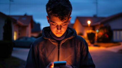Obraz premium Teenager illuminated by smartphone screen, standing outdoors at dusk with a pensive expression, neighborhood background.