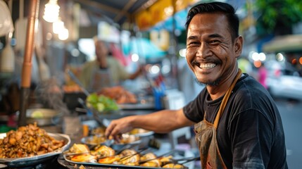 Fototapeta premium Friendly street food vendor smiling warmly at an outdoor market, surrounded by food and vibrant lights in the background.
